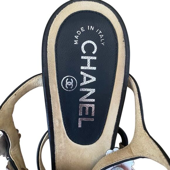 Chanel Black/Silver Camellia Leather Slingback Cork Platform Sandals 7 (37.5) - Picture 8 of 11